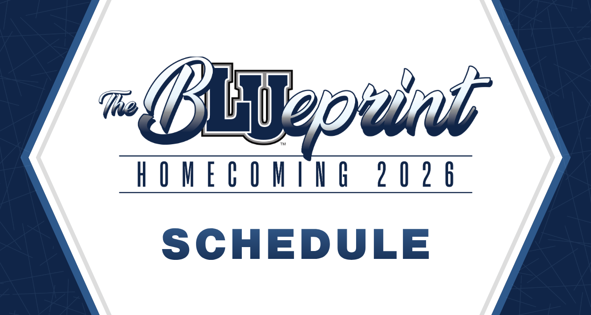 A blue and white graphic with the text, "The Blueprint Homecoming 2026 Schedule."