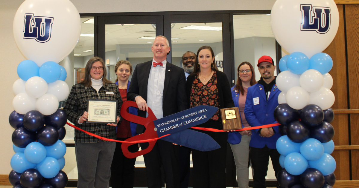 On Nov. 15, 2022, Lincoln University held a ribbon-cutting for its newest School of Nursing simulation training center in St. Robert. Pictured left to right: Dr. Jennifer McCord, Lincoln University School of Nursing department head; Janel Rowell, Waynesville-St. Robert Chamber ambassador; Dr. John B. Moseley, Lincoln University president; Dr. Michael Self Sr., Lincoln University vice president of academic affairs and provost; Megan Titus, Lincoln University AAS program coordinator; Amber Box, Waynesville-St. Robert Chamber ambassador; and Bryan Kaolowi, Waynesville-St. Robert Chamber ambassador.