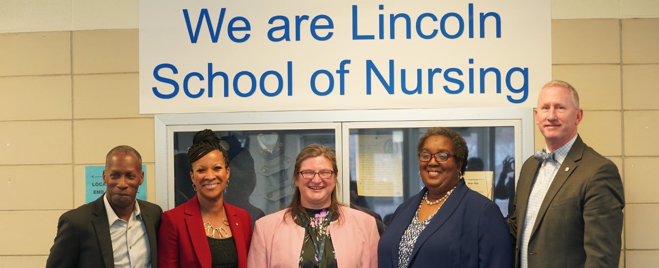 The Mid-Missouri Black Nurses Association and Lincoln University signed an agreement to support future nursing students through the Helen L. Monroe Mentorship Program. Pictured left to right: grandson of Helen L. Monroe, Michael Oliver; granddaughter of Helen L. Monroe, Jackie Henry; Lincoln University School of Nursing Department Head Dr. Jennifer McCord, Mid-Missouri Black Nurses Association President Leana Mahaney, and Lincoln University President Dr. John B. Moseley.