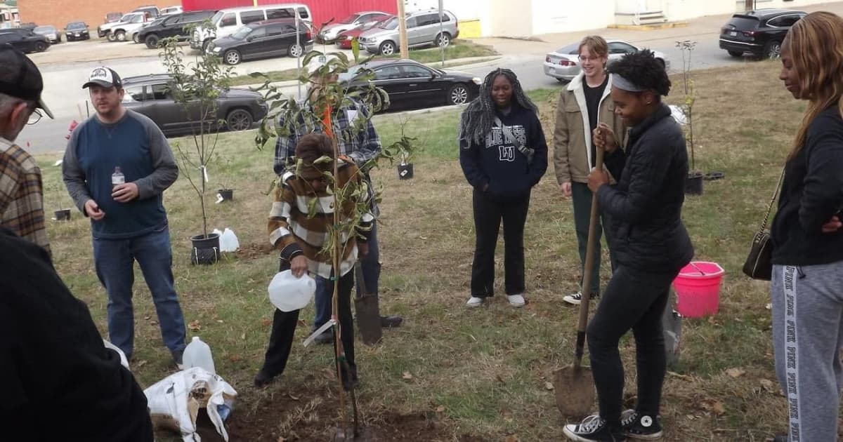 Community members watering freshly planted tree