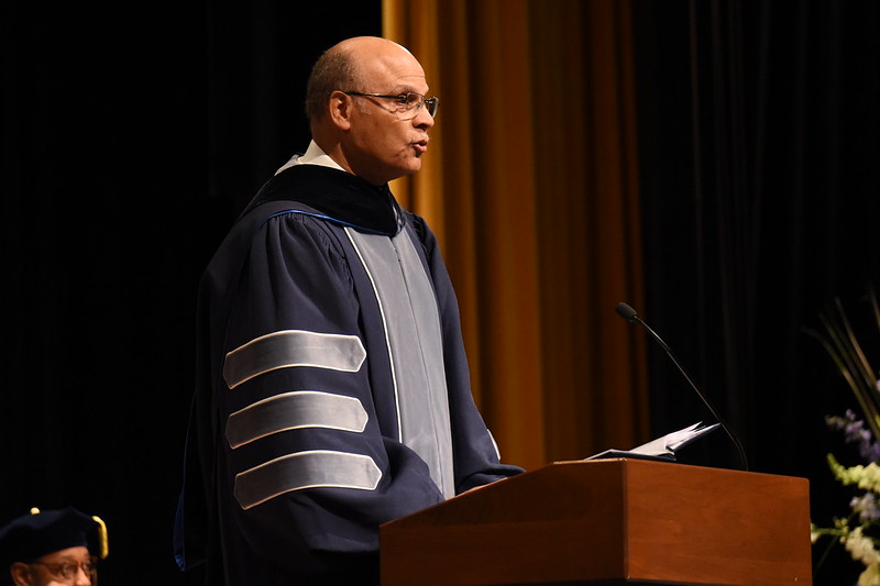 Dr. Harold Martin stands at the podium giving his speech at Lincoln University's 2025 graduation.