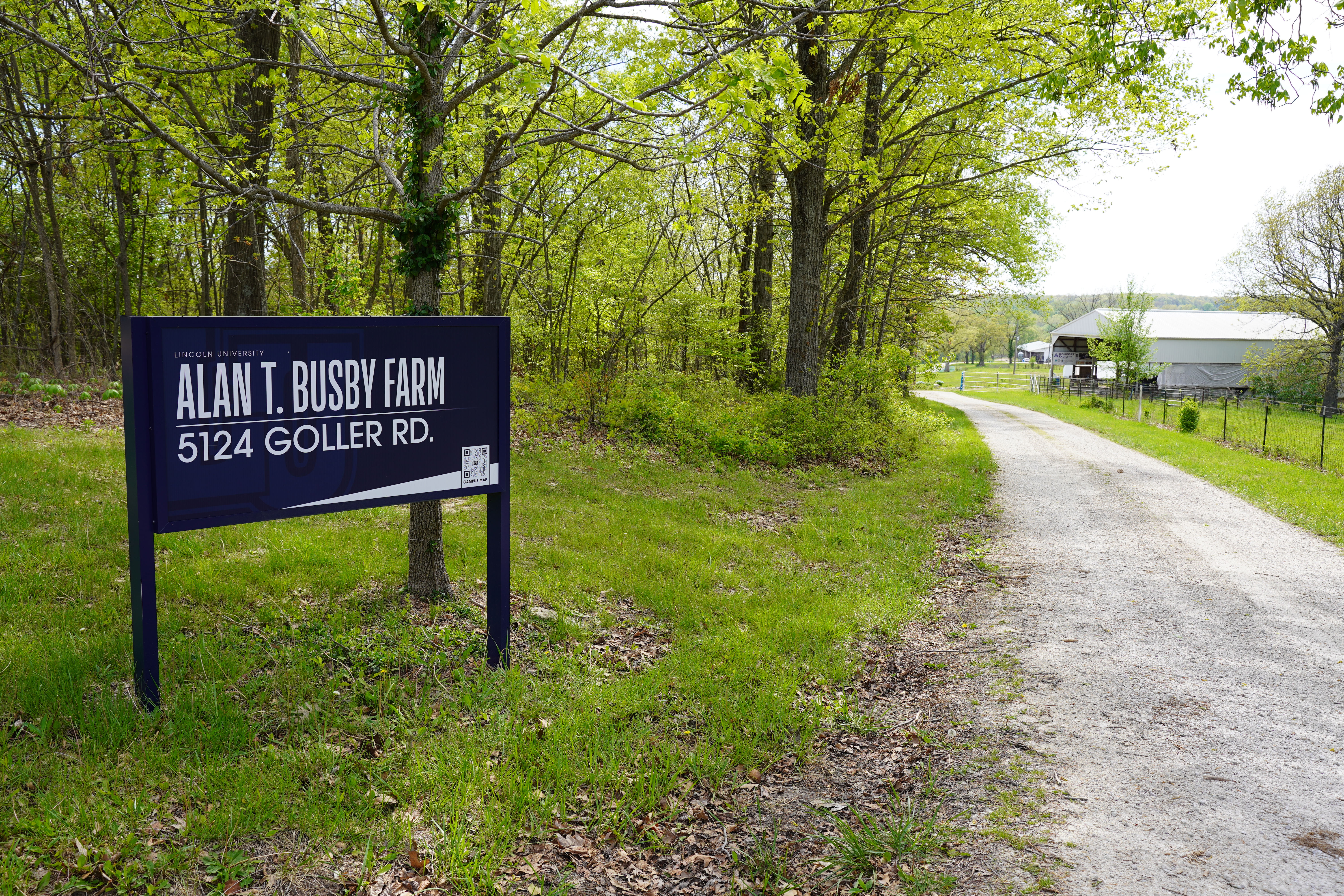 A sign marks the entrance to Lincoln University’s Alan T. Busby Research Farm in Jefferson City, the site used for the forest farming workshop.