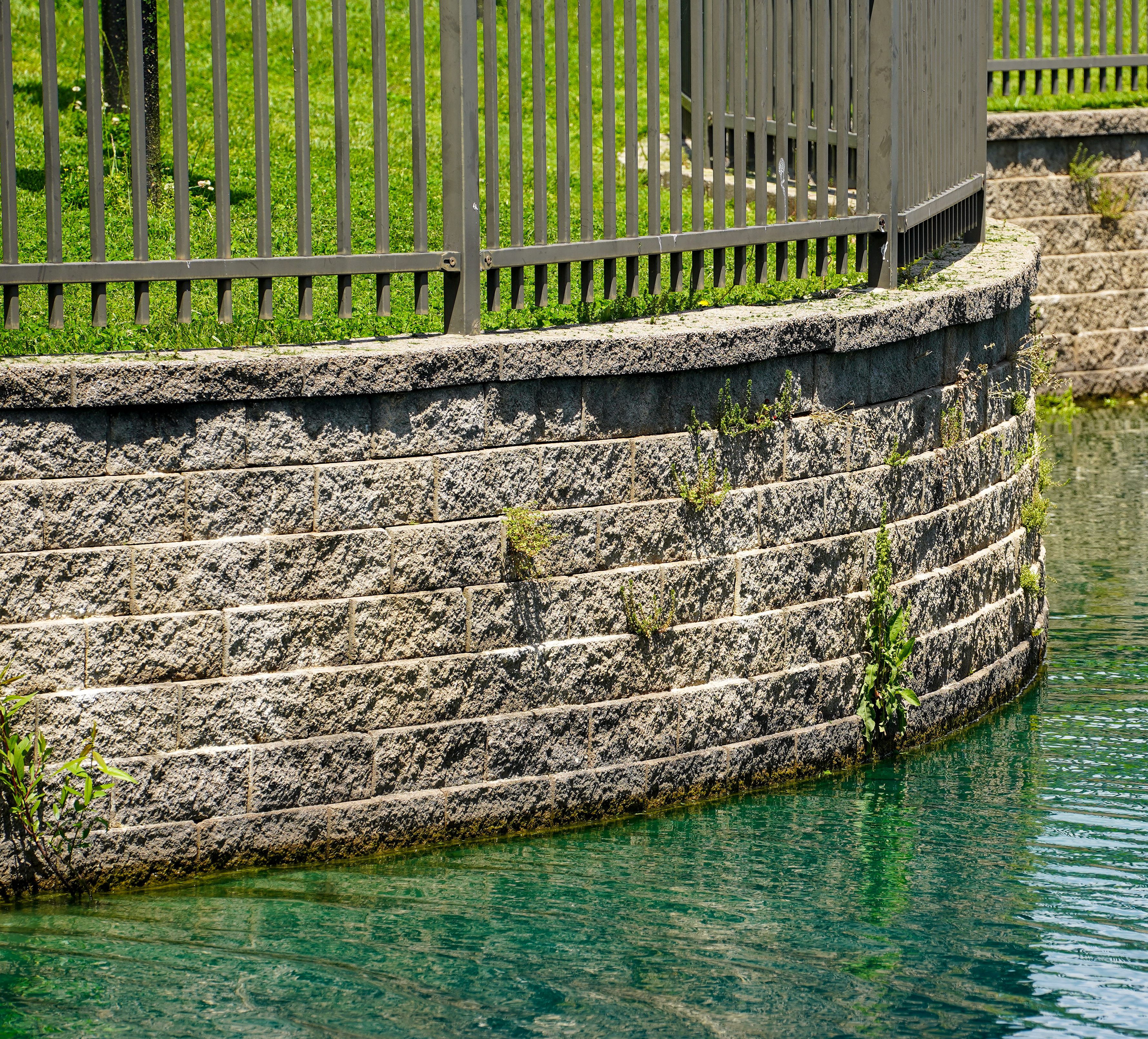 : A stone wall with weeds growing out of it runs along the edge of a pond.