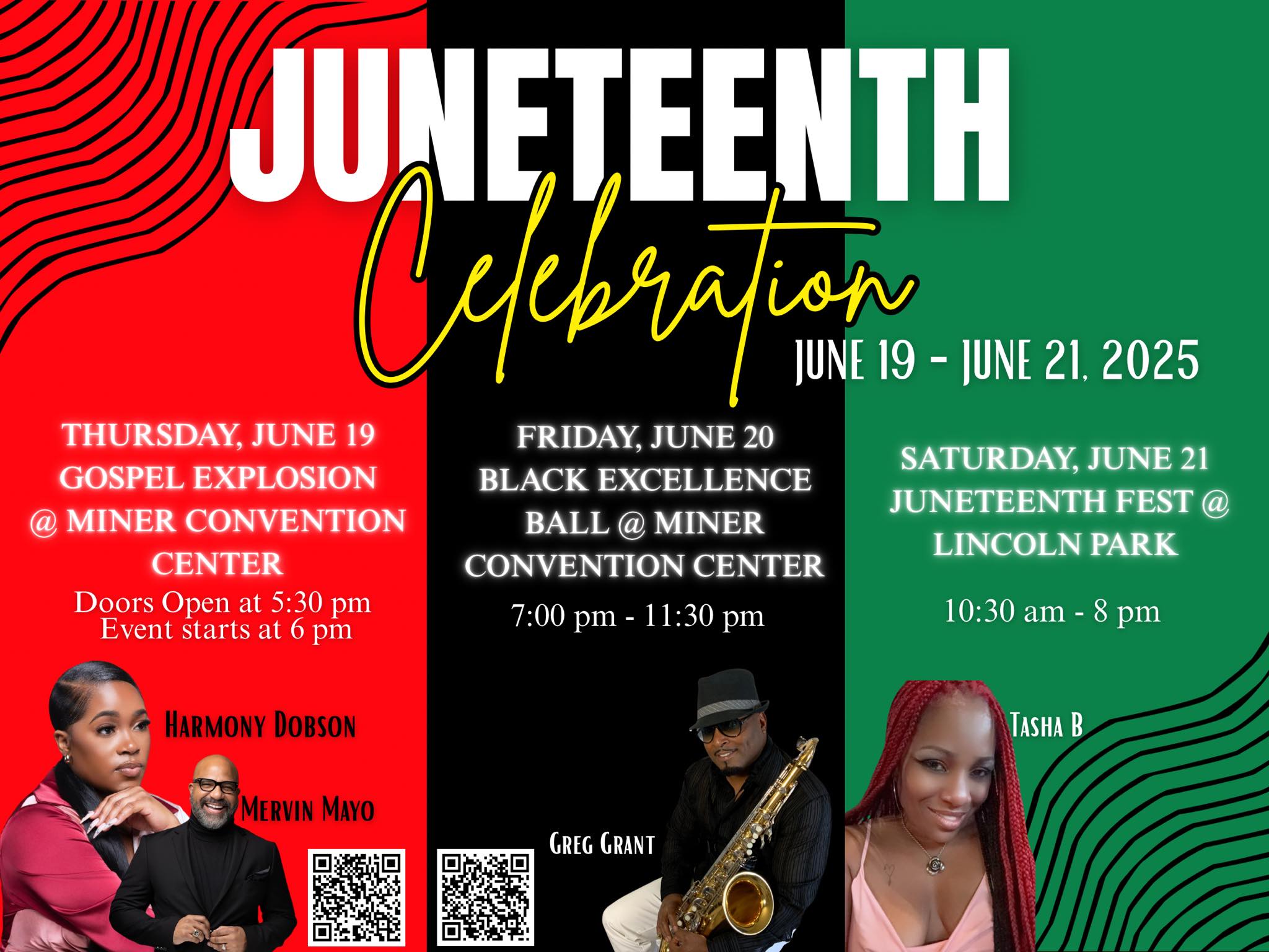 Flyer for a Juneteenth Celebration taking place June 19–21, 2025. The design is divided into three vertical panels—red, black, and green—representing the Pan-African flag. The central heading reads: “JUNETEENTH Celebration, June 19 - June 21, 2025.”