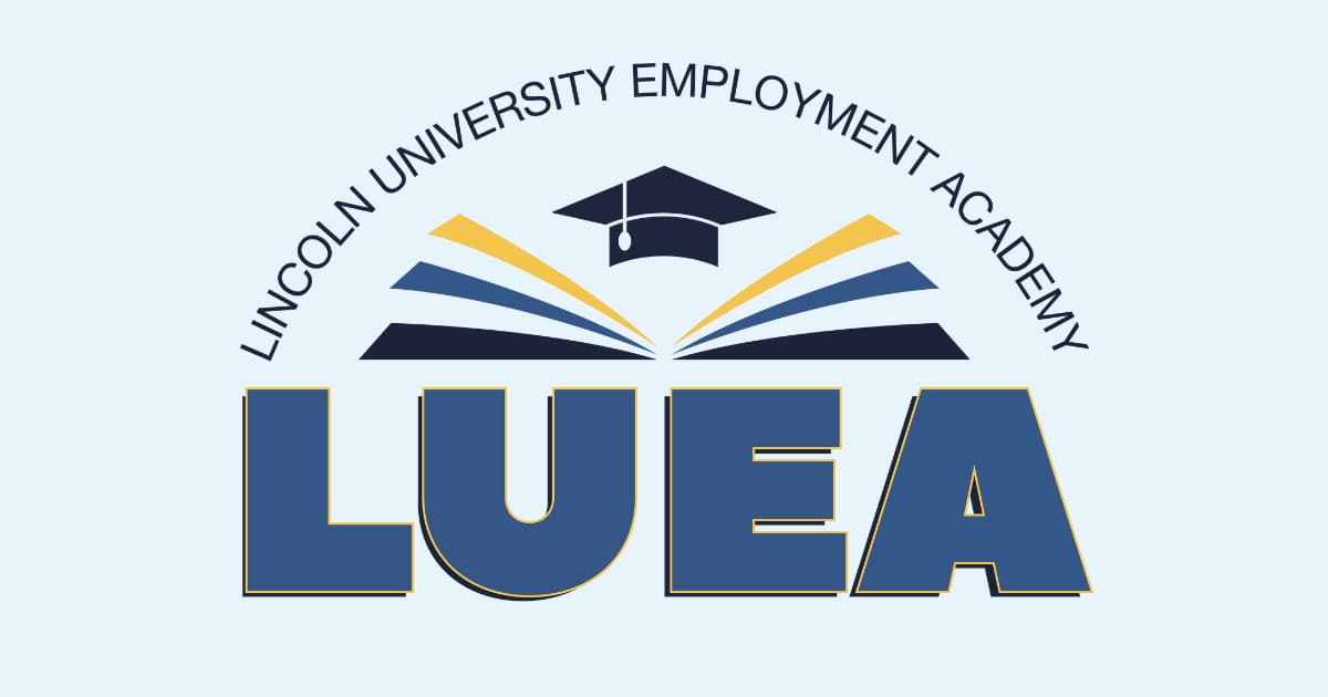 Logo for Lincoln University Employment Academy (LUEA), featuring an open book with pages in gold and blue shades, a graduation cap above the book, and the acronym 'LUEA' in bold blue letters below. The full name arcs above the image in black text.
