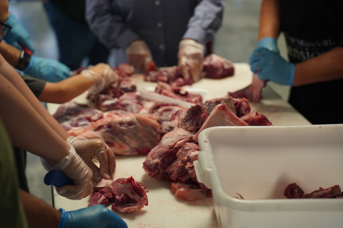 Several people stand at a table cutting goat meat into portions