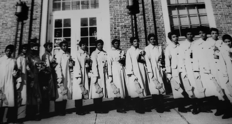 Black and white photograph of Lincoln University of Missouri's Alpha Iota sorority members in 1958. 