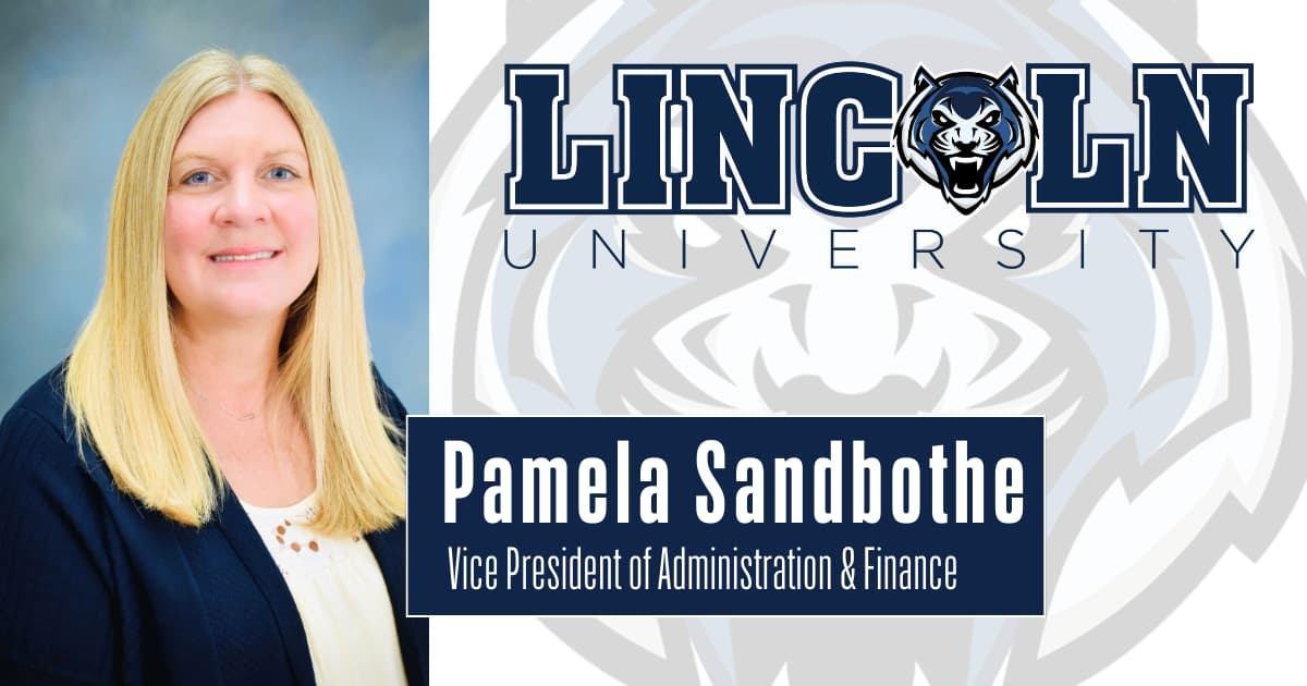 Pamela Sandbothe named Vice President of Administration and Finance at Lincoln University professional headshot with Lincoln logo