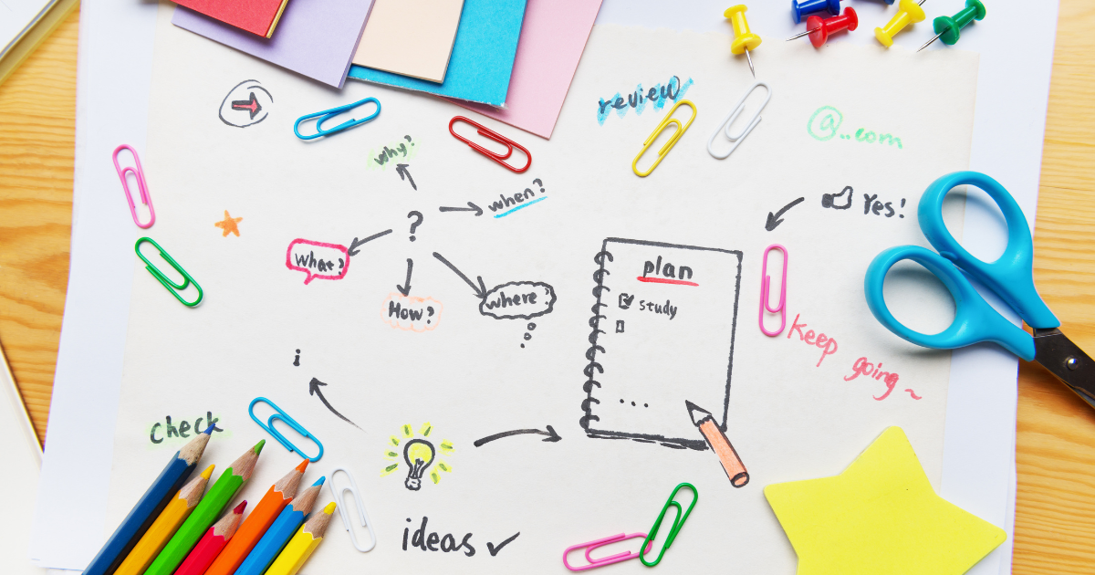 Colorful study plan with doodles, paper clips, pencils, and notes emphasizing ideas, review, and planning.