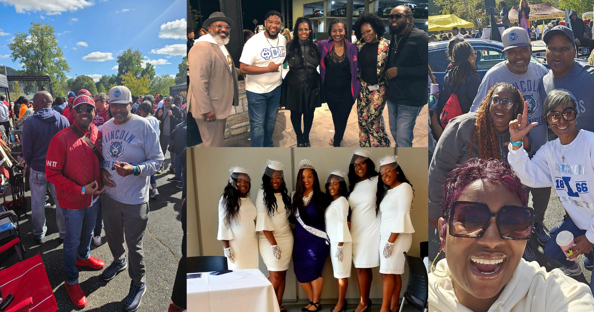 A collage of four images of Lincoln University of Missouri alumni gathering together during past Homecomings.