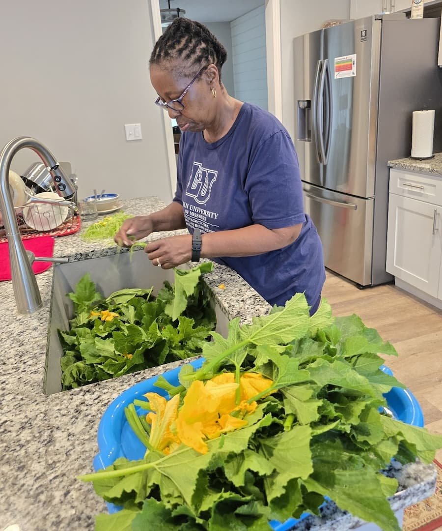 Person in kitchen in front of a sink full of leaves