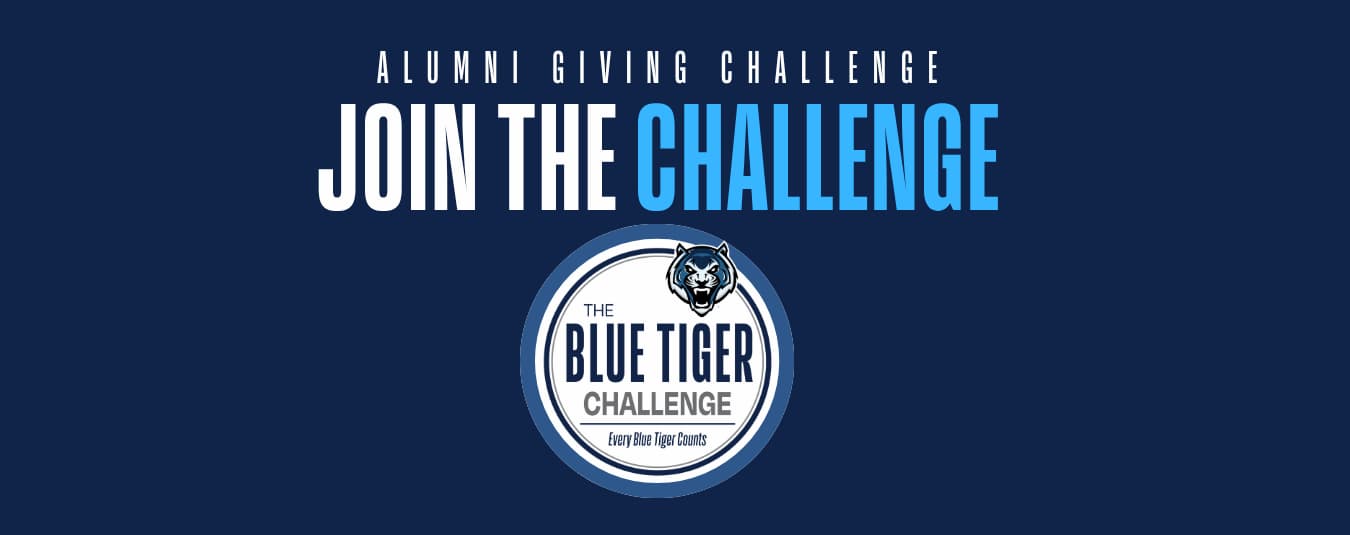 Blue Tiger Challenge graphic featuring the text “Join the Challenge,” “Together, Blue Tigers make a difference,” and “Give. Participate. Make an impact.” The graphic includes the Blue Tiger logo and the words “Every Blue Tiger Counts.”