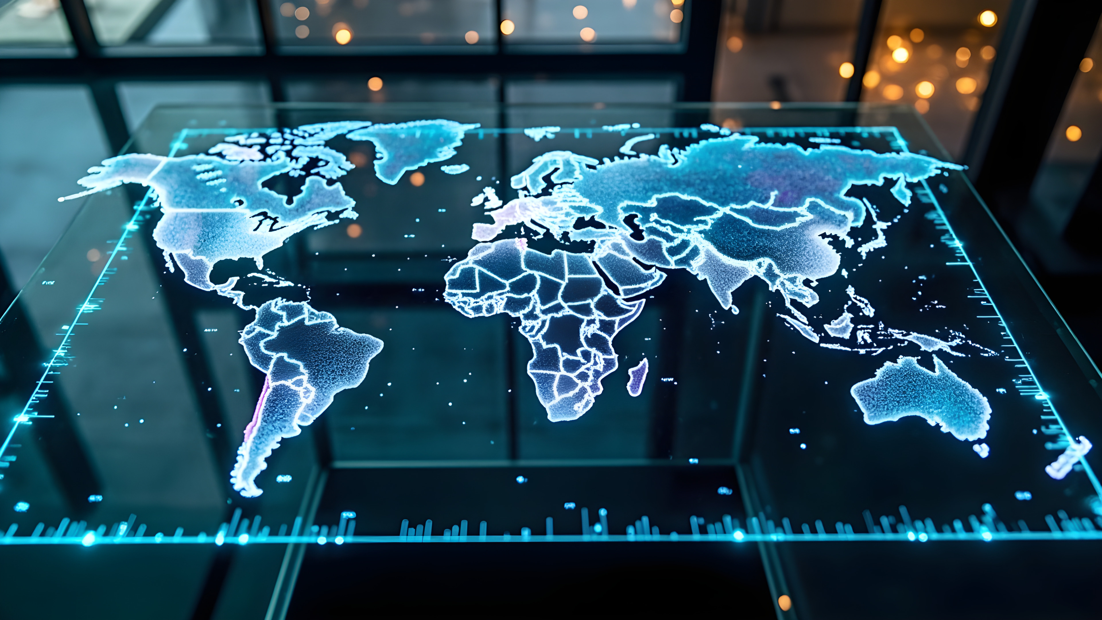 Image of a modern technology backed representation of the world map inside of a GIS lab.