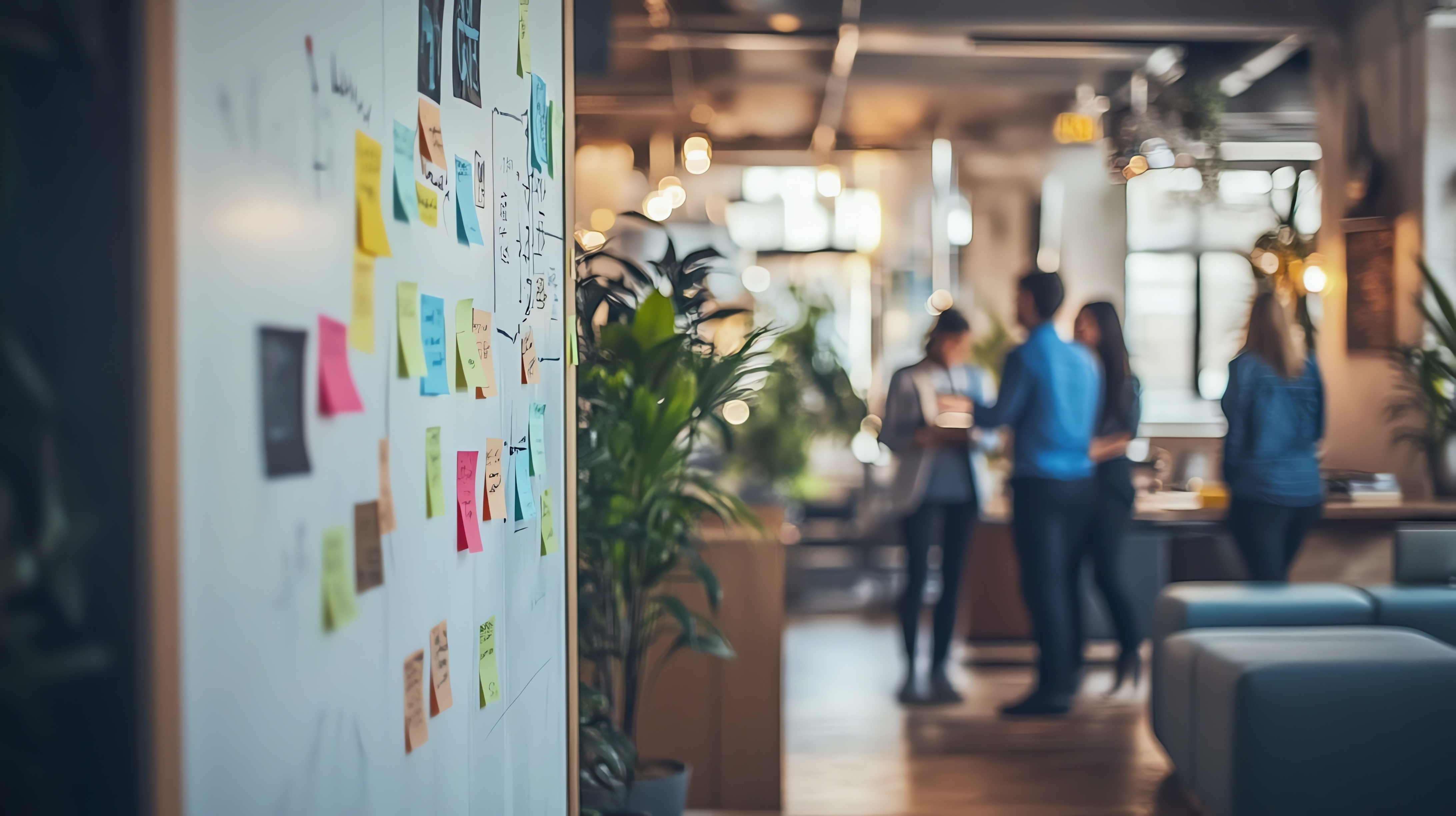 Image of a whiteboard with sticky notes all over it with students having a discussion in the background.