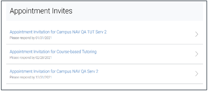 Screen displaying appointment invites with titles and response deadlines for campus services and course-based tutoring options