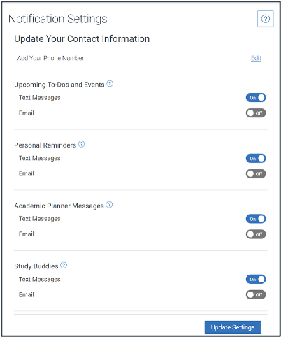 Notification settings screen with text and email options for reminders, events, study buddies, and planner messages, all toggleable