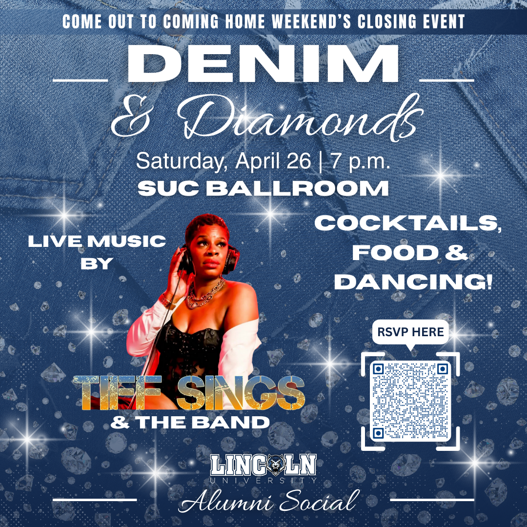 Promotional flyer for Denim & Diamonds Alumni Social, April 26 at 7 p.m. in SUC Ballroom. Live music, food, drinks, dancing. RSVP with QR code.