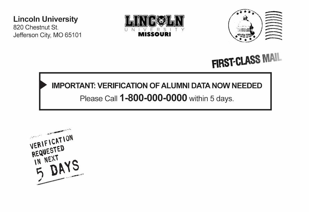 Lincoln University envelope with urgent notice: "Verification of alumni data now needed—please call within 5 days."