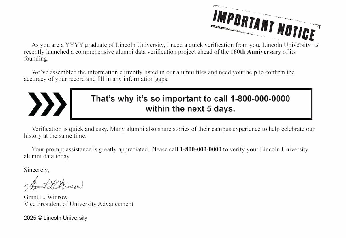 Letter from Lincoln University requesting alumni to verify contact data within 5 days for the 160th Anniversary project