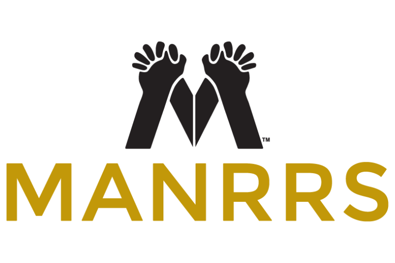 MANRRS logo with gold text and an silhouuette of hands high fiving.