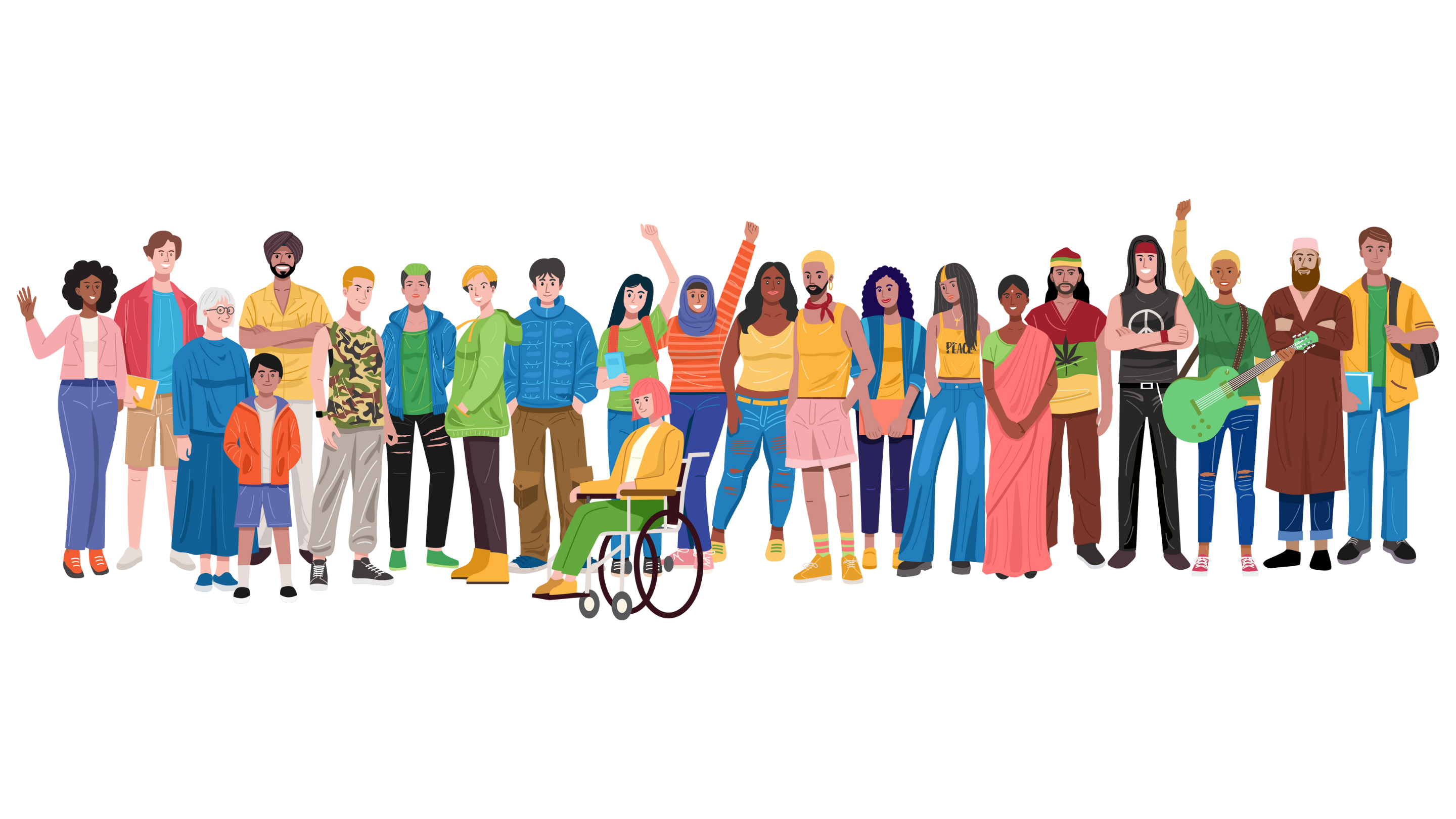 Illustration of a diverse group of people standing side by side. The group includes individuals of different ages, genders, body types, skin tones, and cultural backgrounds. Some are wearing casual clothes, others traditional attire. One person is in a wheelchair, and others are holding books, instruments, or raising fists in the air, symbolizing unity and inclusion.