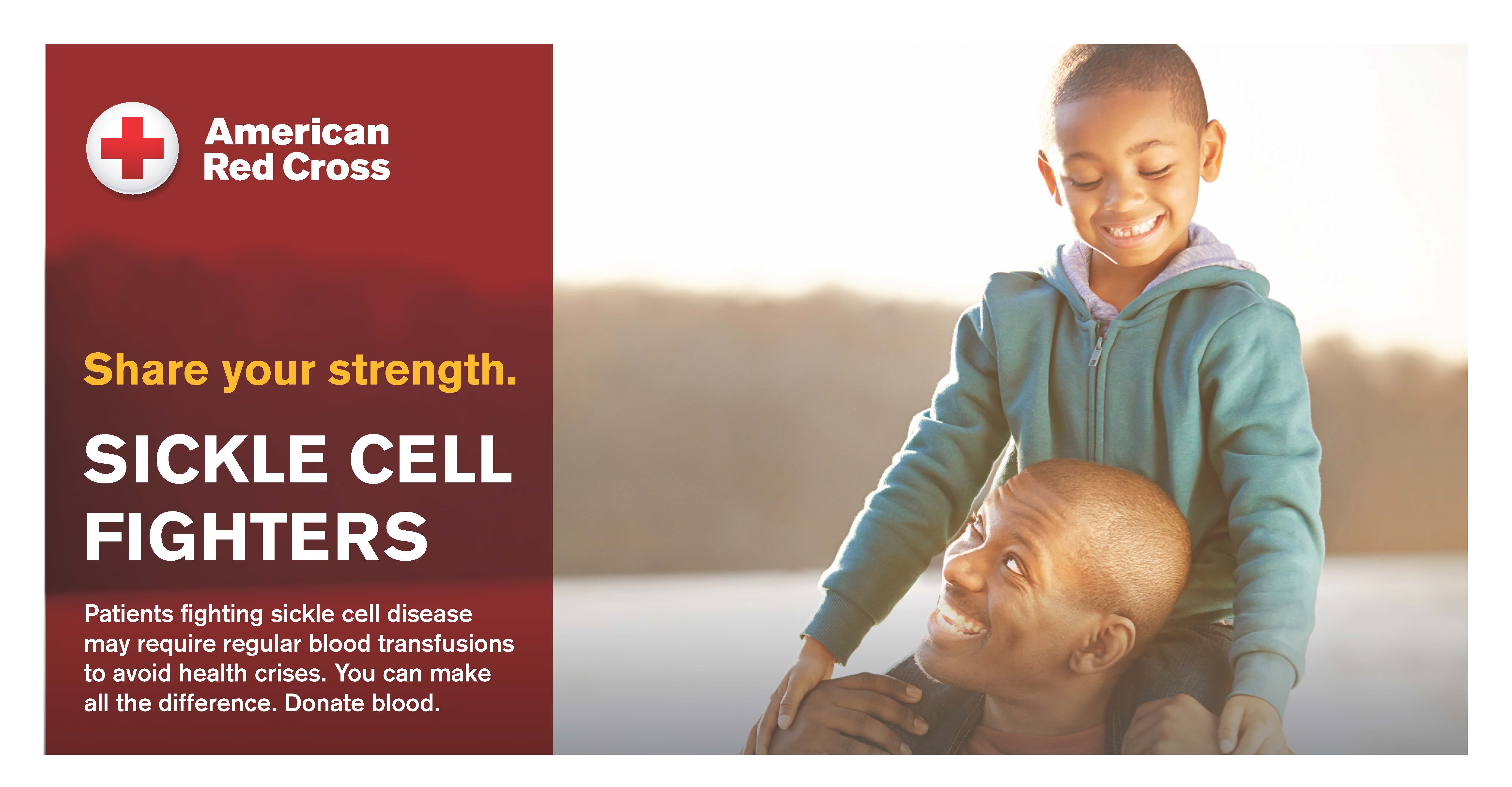 Photo of child on man's shoulders, smiling. American Red Cross logo and text about fighting sickle cell.