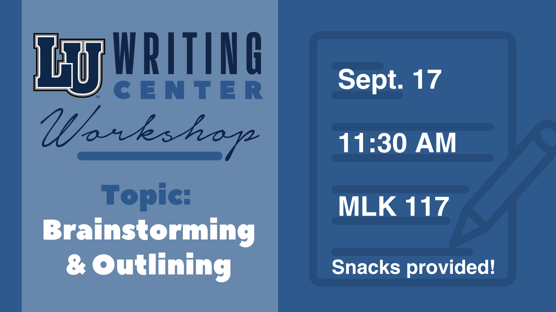 Writing Center Workshop graphic with details & topic in blue tones
