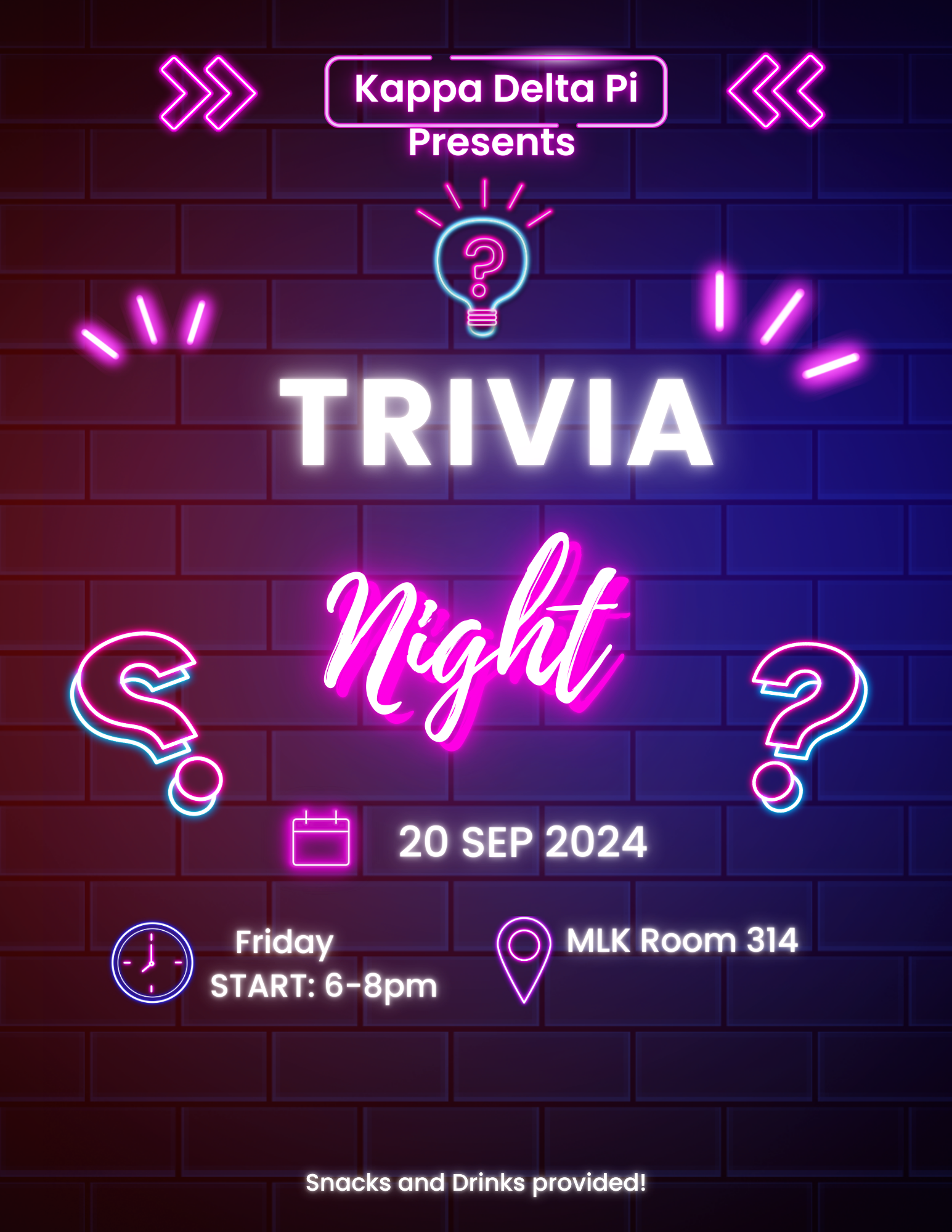 Trivia night flyer with details in pink neon