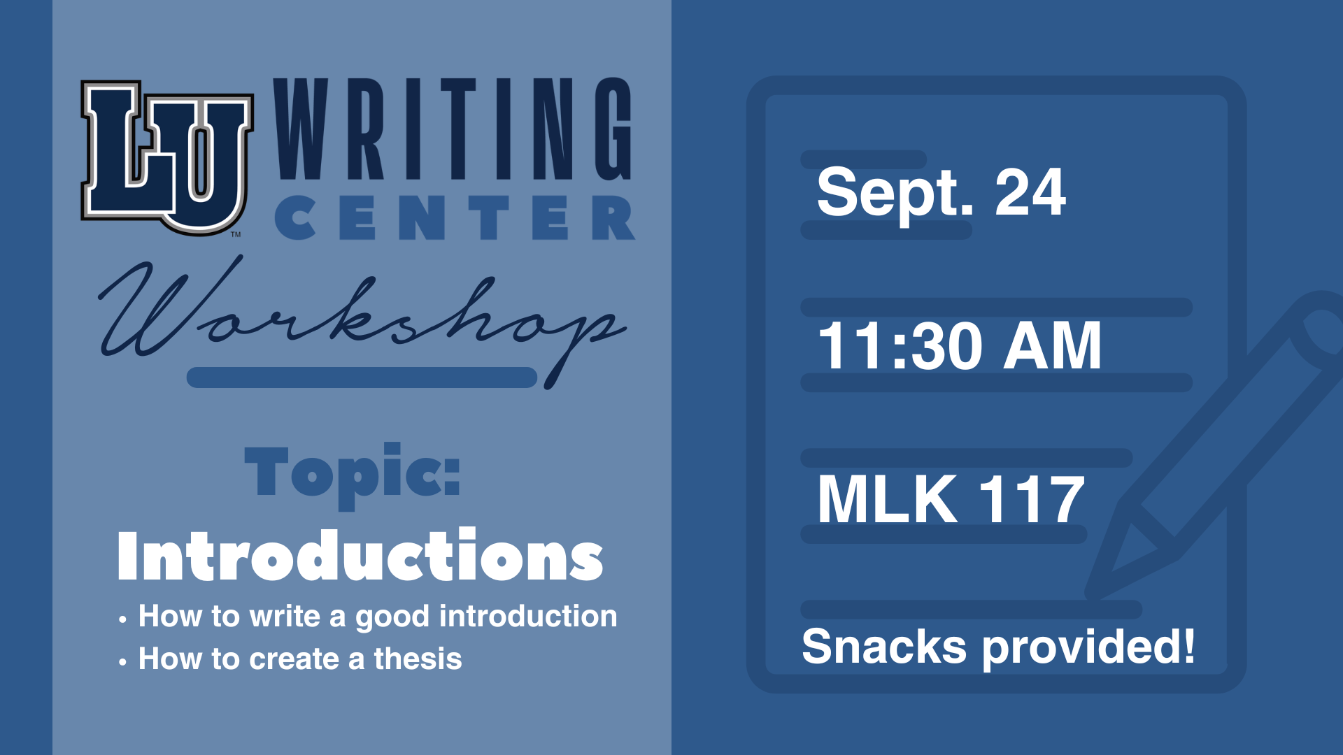 Writing Center Workshop graphic with details & topic in blue tones