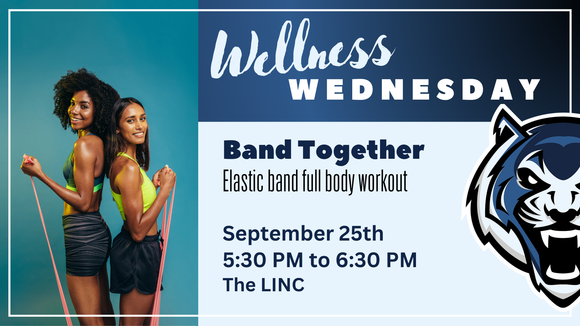 Wellness Wednesday graphic with two women using exercise bands.