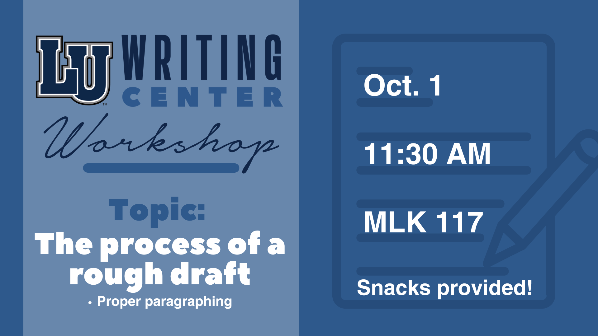 Writing Center Workshop graphic with details & topic in blue tones