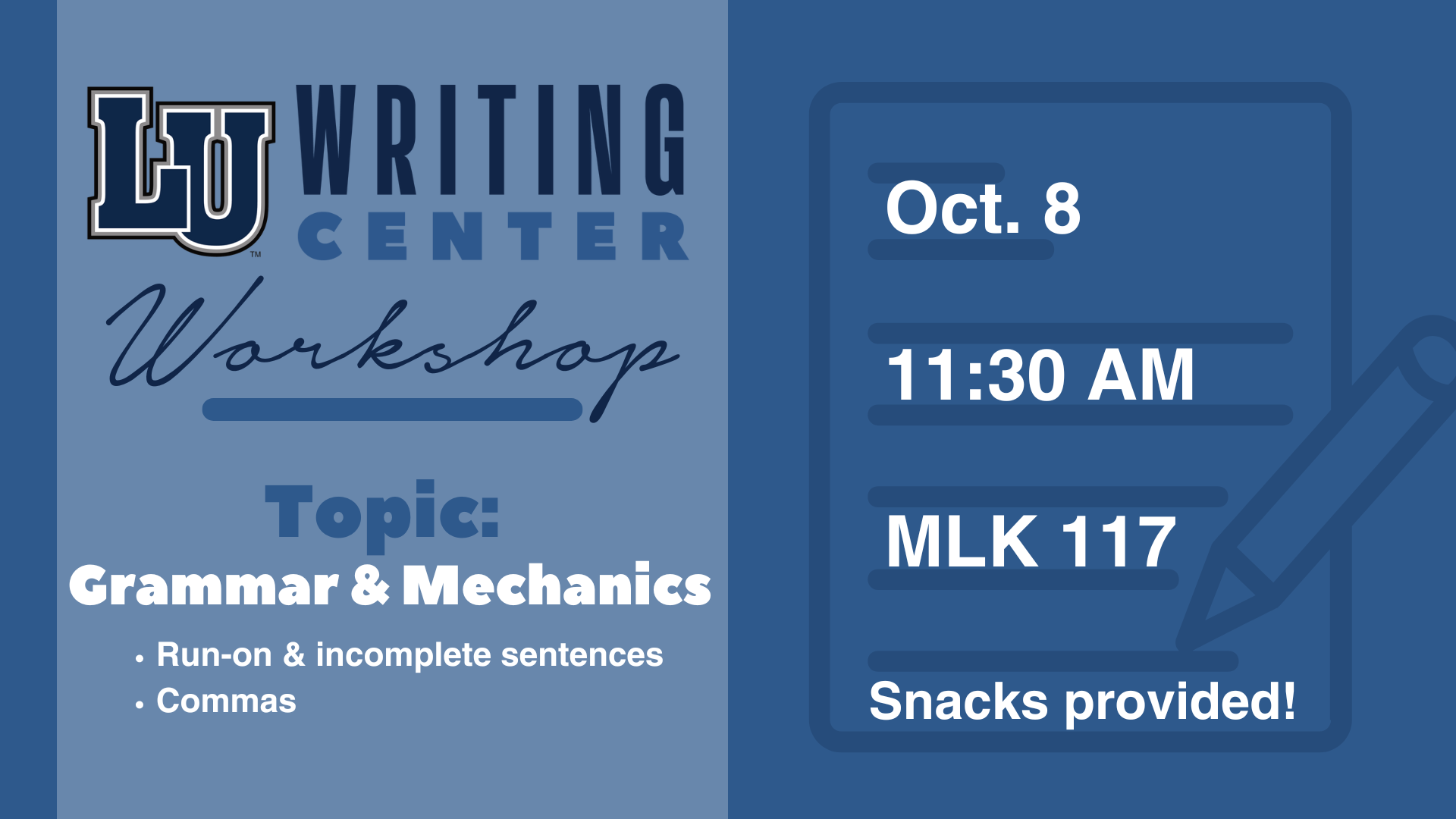 Writing Center Workshop graphic with details & topic in blue tones