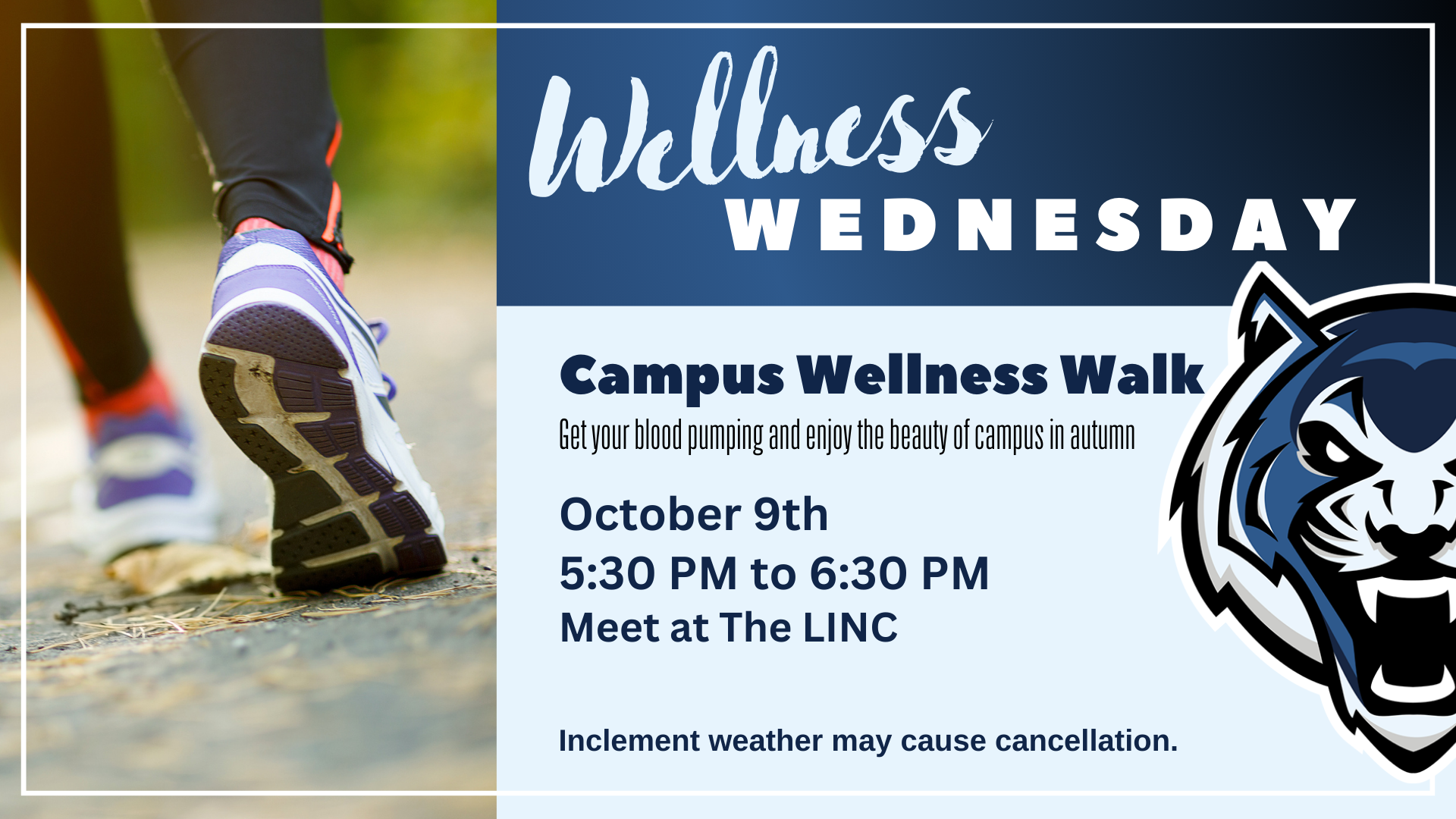 Wellness Wednesday graphic with photo of person's feet walking in tennis shoes