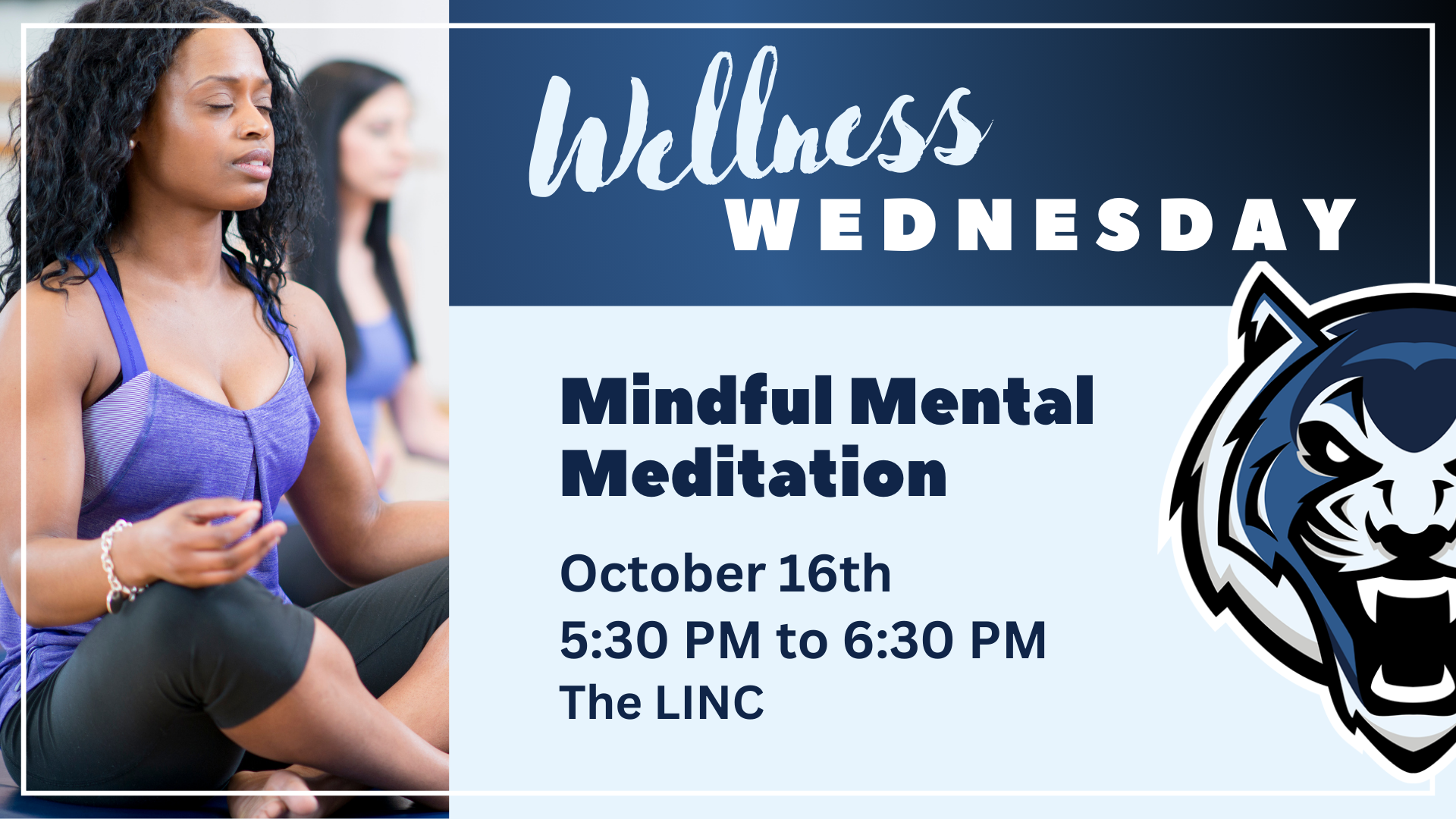 Wellness Wednesday graphic with event details and photo of woman meditating