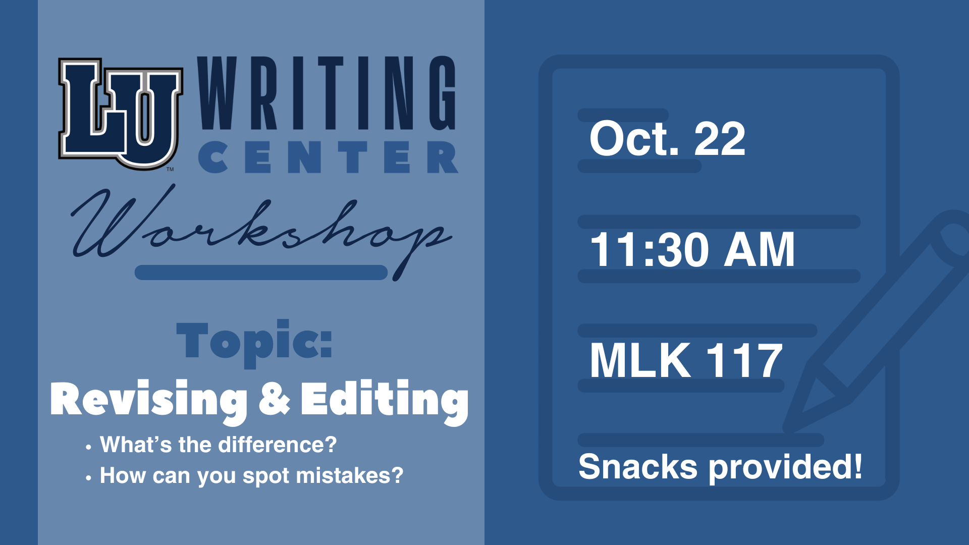 Writing Center Workshop graphic with details & topic in blue tones