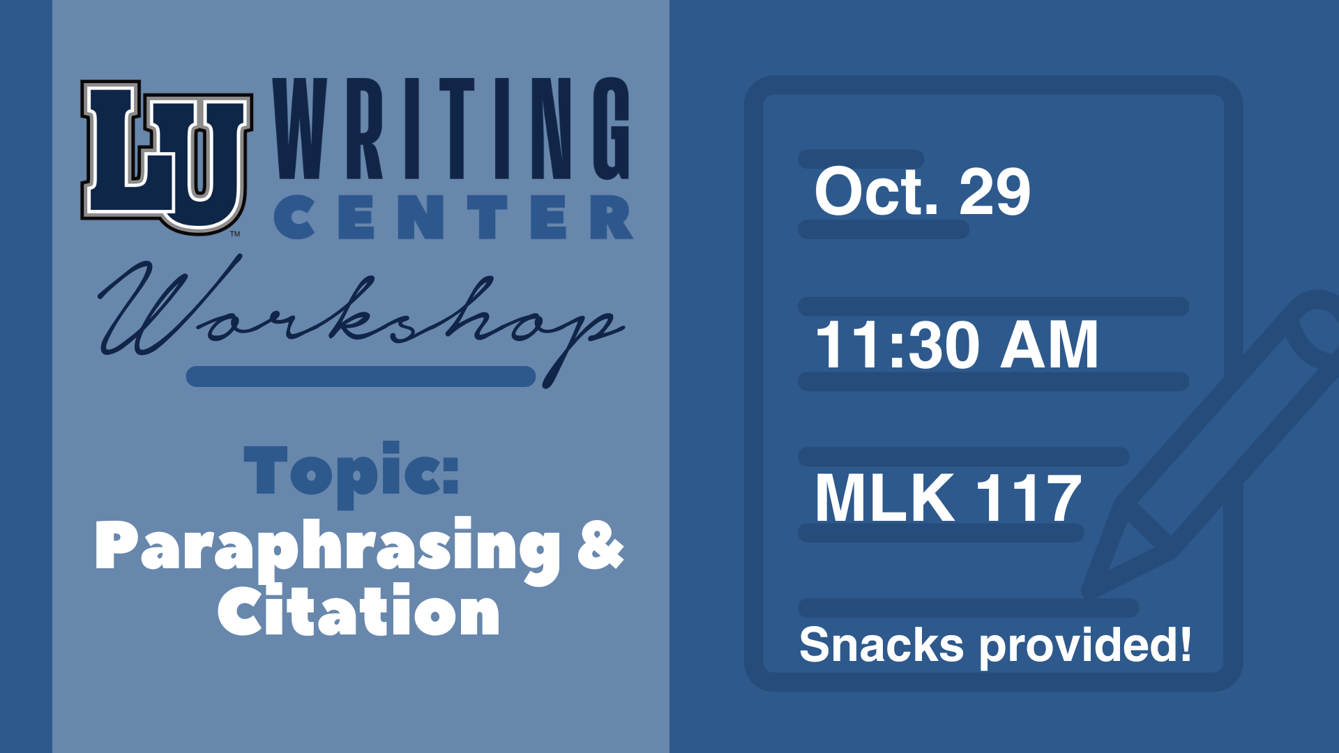 Writing Center Workshop graphic with details & topic in blue tones