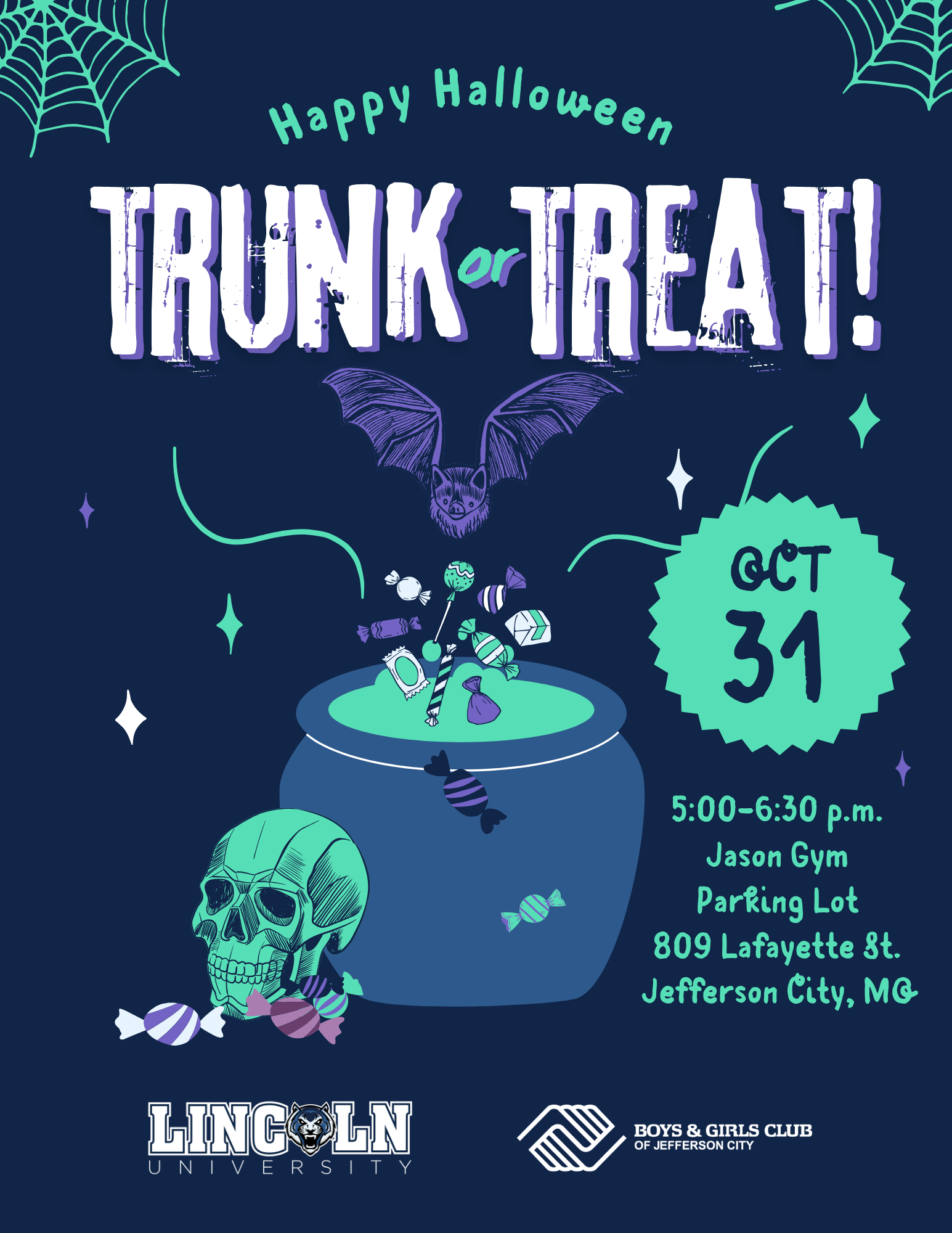 Halloween Trunk-or-Treat graphic with event details, candy cauldron, skull and bat in purple, navy and aqua