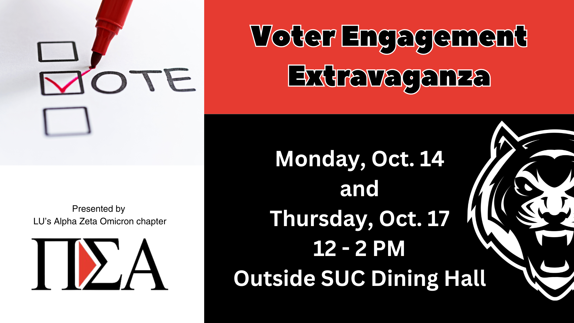 Voter Engagement Extravaganza graphic with event details and Pi Sigma Alpha logo