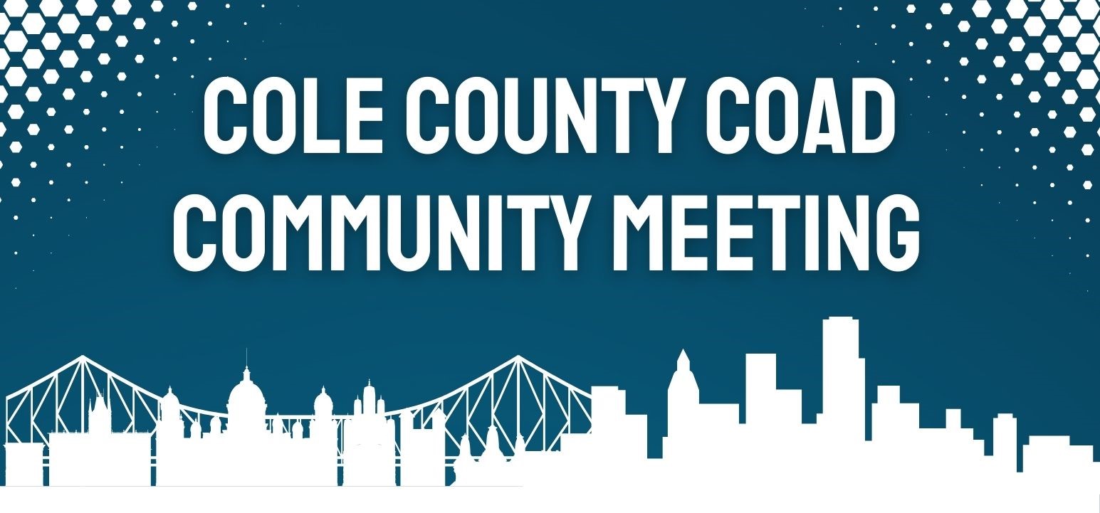 Blue & white graphic of city scape: "Cole County COAD Community Meeting"