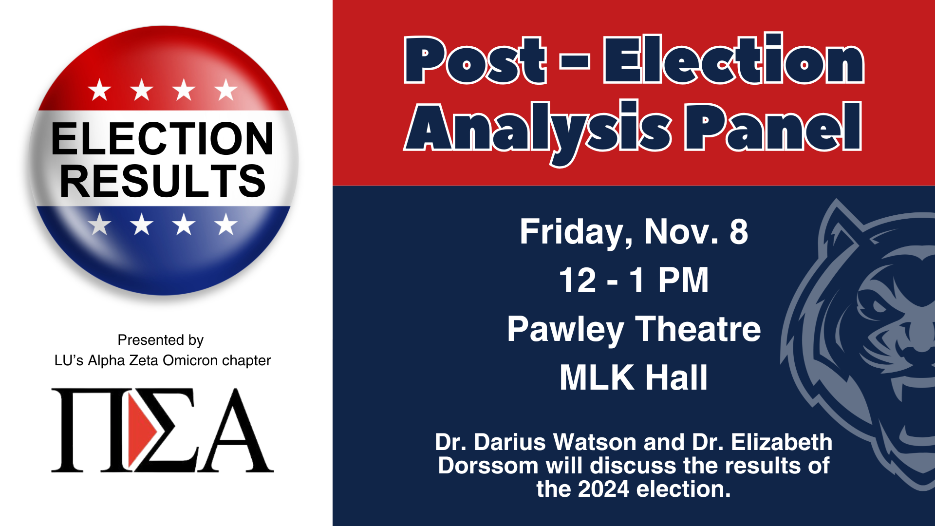 Post-Election Analysis Panel graphic with event details and Pi Sigma Alpha logo