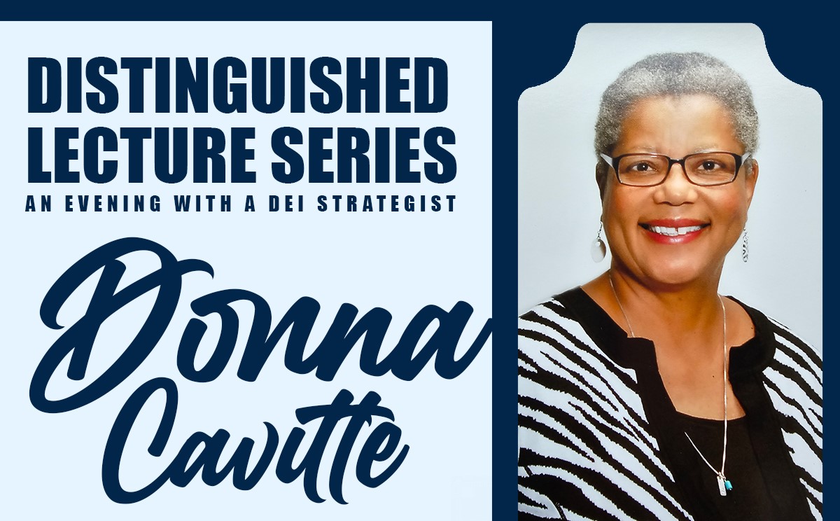 Distinguished Lecture Series graphic in navy blue & white with photo of speaker Donna Cavitte