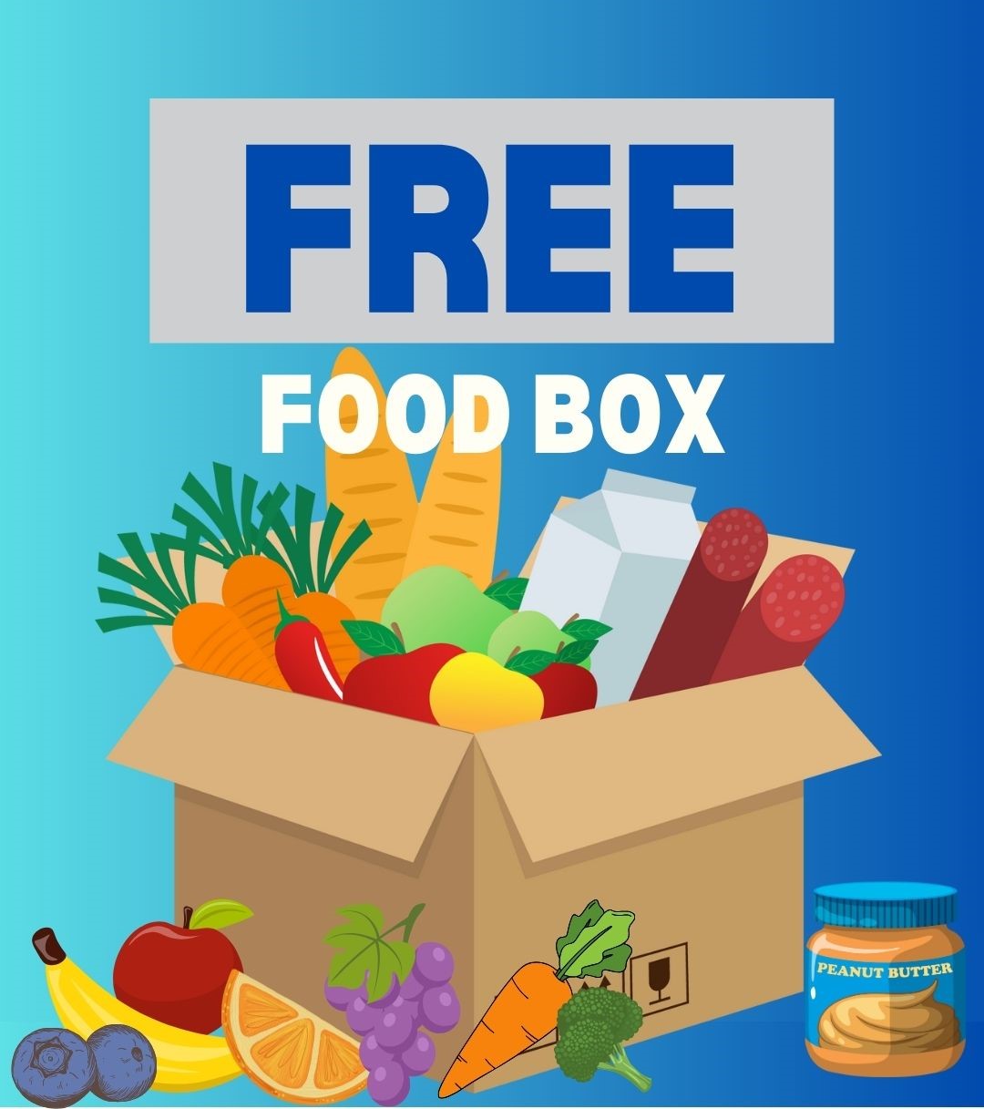 Free food box graphic - cardboard box full of fruits, vegetables, bread, milk and peanut butter