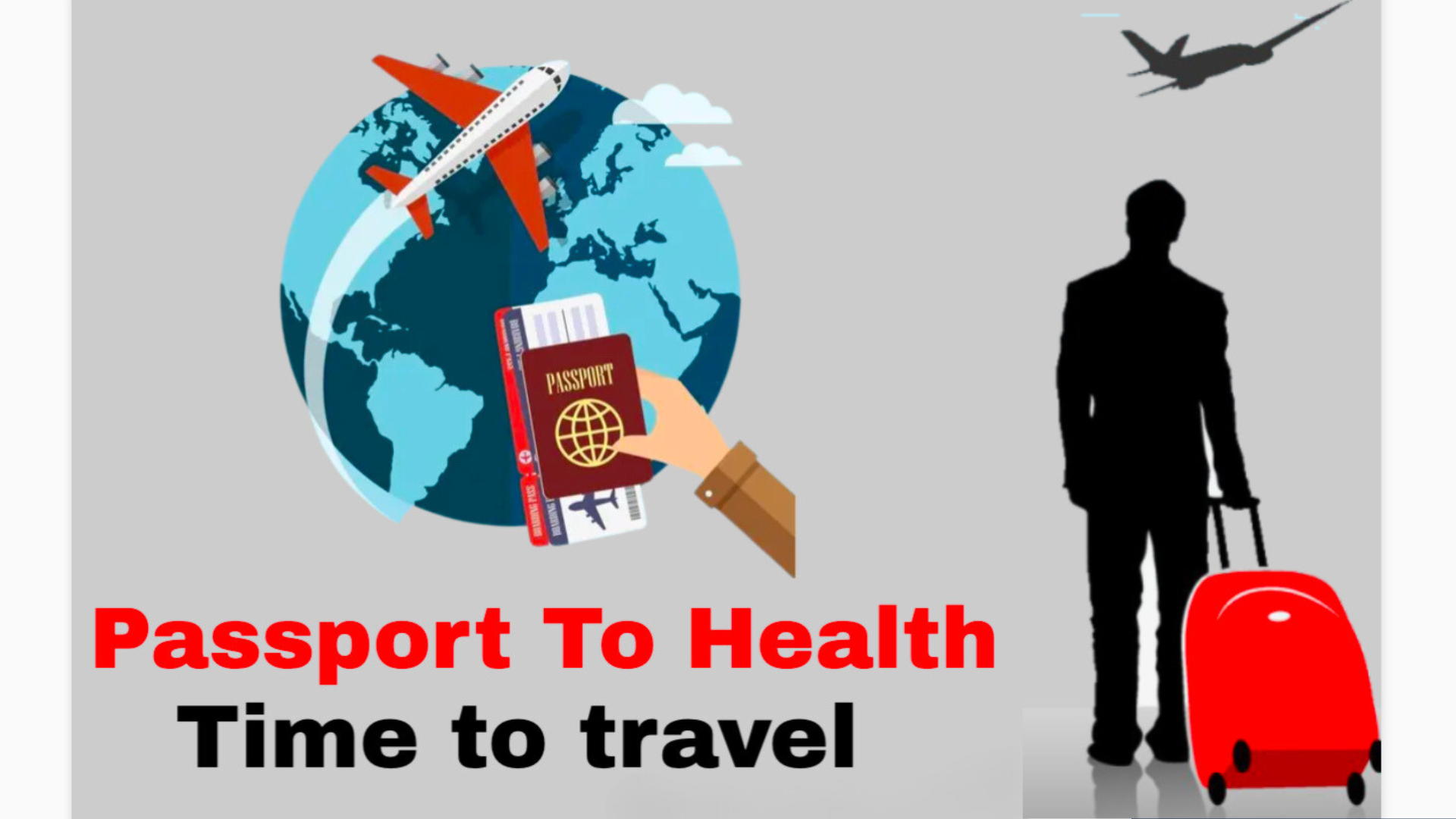 Health fair graphic: "Passport to Health. Time to travel." with passport, globe airplanes and traveler with suitcase graphics.