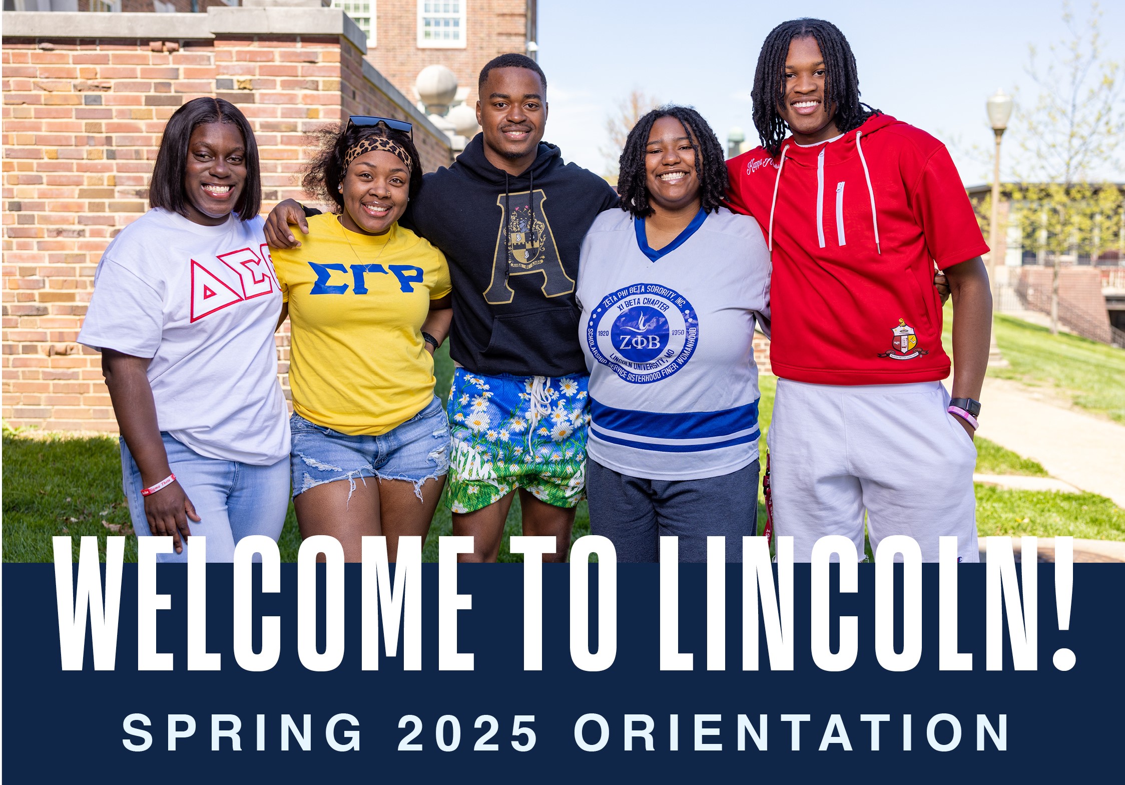 "Welcome to Lincoln! Spring 2025 Orientation" graphic with smiling students posing together on campus