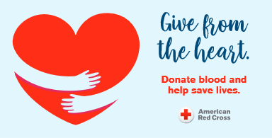 A graphic with a large red heart being hugged by two white arms. The text reads, "Give from the heart. Donate blood and help save lives." The American Red Cross logo is displayed at the bottom. The background is light blue.