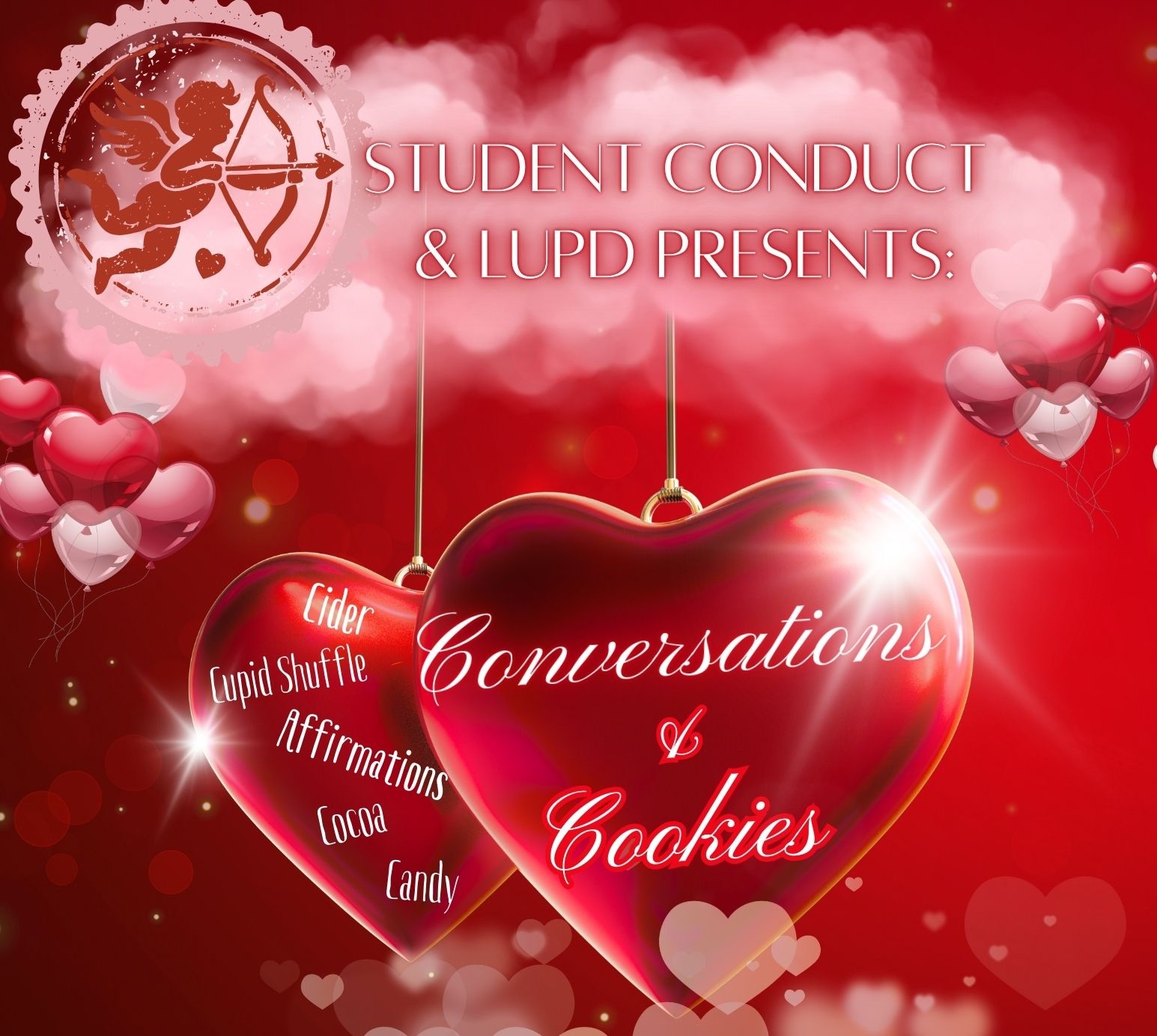 Valentine-themed poster for "Conversations & Cookies" with hearts, cupid, and event details.