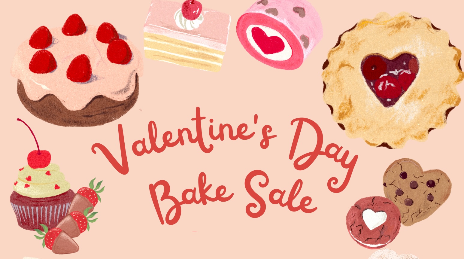 Illustration of various homemade pastries for a Valentine's Day Bake Sale, featuring heart-themed decorations.