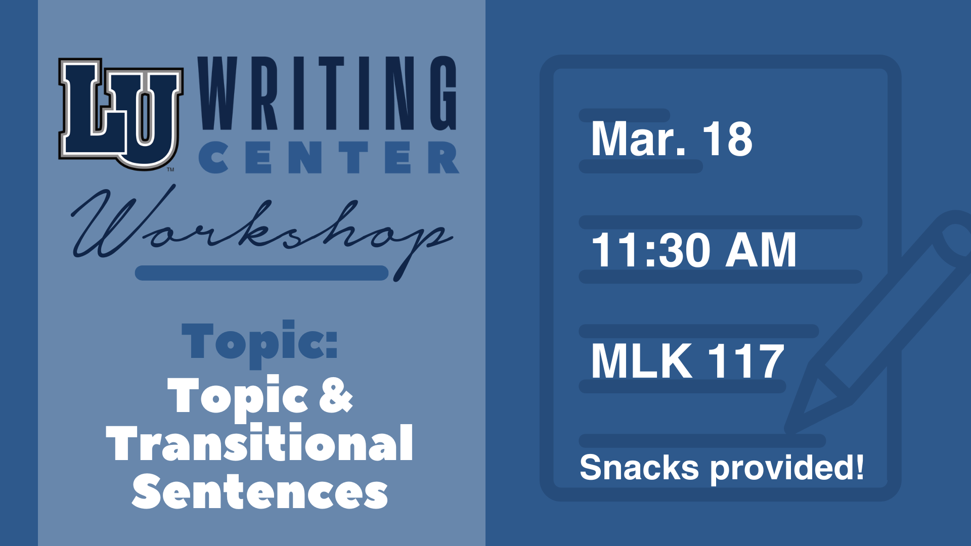 The graphic is a promotional flyer for an LU Writing Center Workshop. The left side of the image features the "LU Writing Center" logo with the word "Workshop" in cursive beneath it. Below that, it says, "Topic: Topic & Transitional Sentences" in bold letters. The right side includes a graphic of a notepad and pencil. It provides the event details: "Mar. 18," "11:30 AM," and "MLK 117." At the bottom, it states, "Snacks provided!" The color scheme is blue with white text.