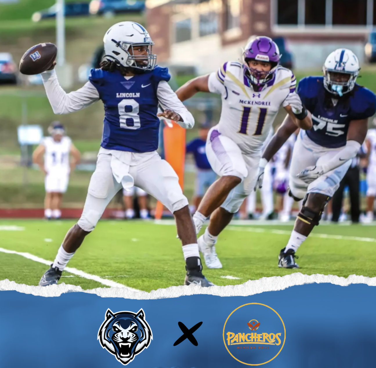 Lincoln University QB prepares to throw as a McKendree defender chases. Logos of LU Tigers and Pancheros show partnership.