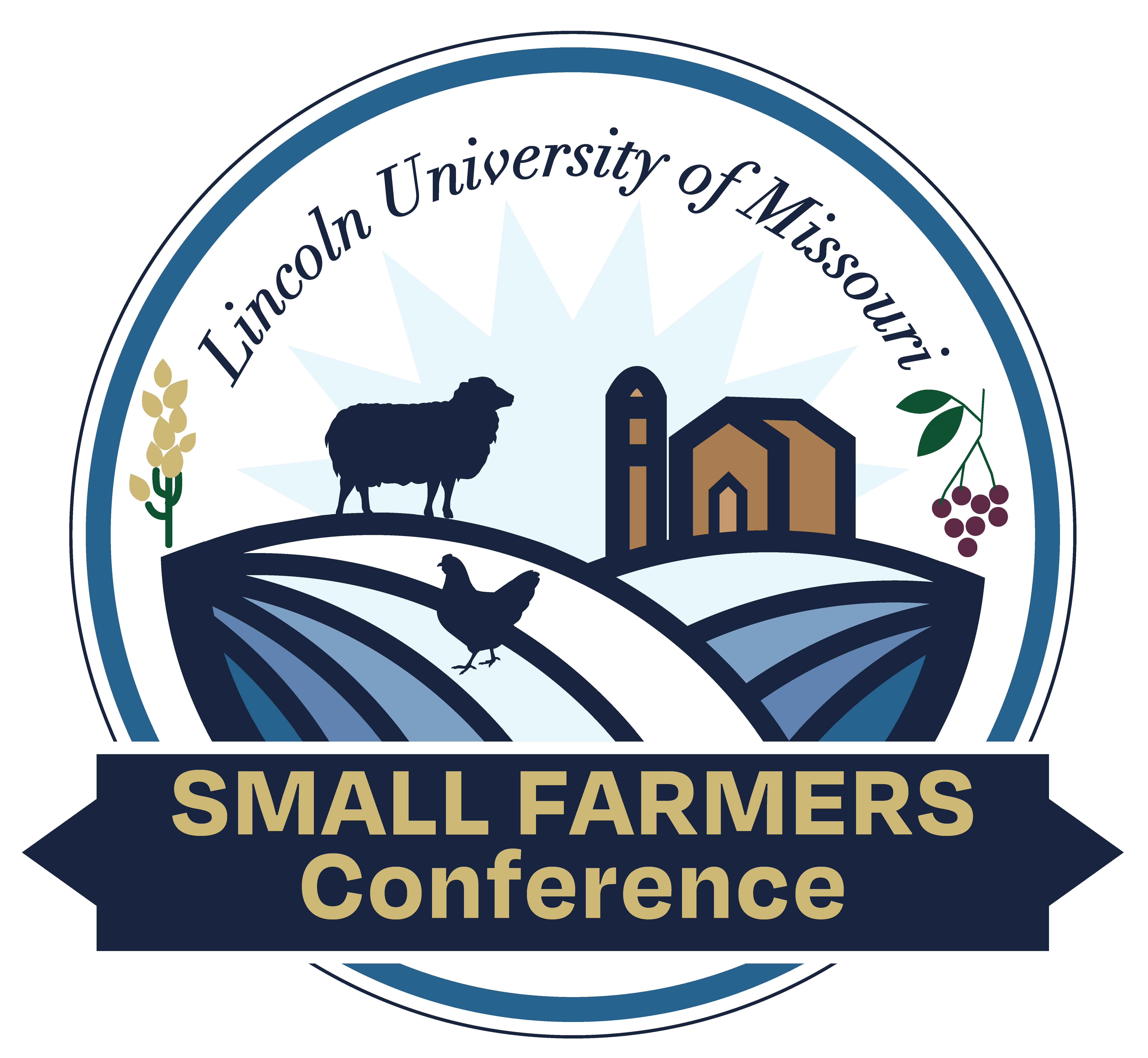 "Lincoln University of Missouri Small Farmers Conference" circular logo with sheep, chicken, quinoa, elderberries, barn and fields of blue & white